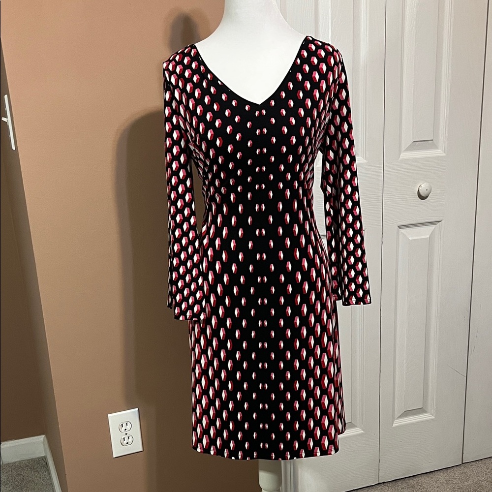 White House Black Market Geometric Black and Pink Dress- Medium